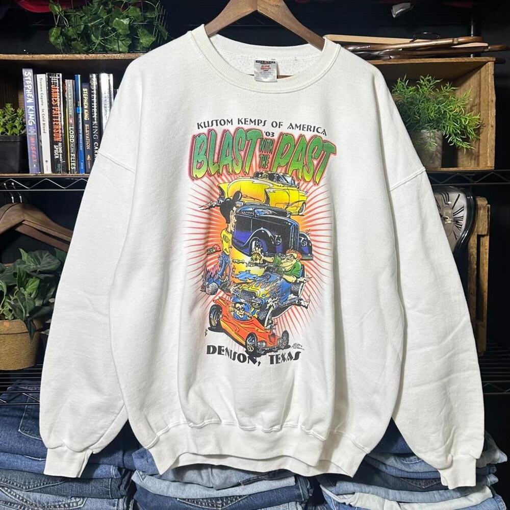 Vintage Y2K Car Show Racing Cartoon Crewneck 2XL White Double Sided Sweatshirt